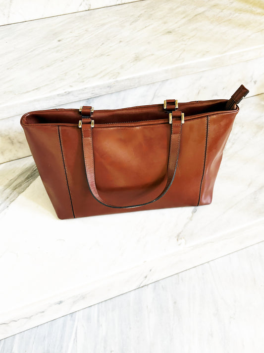 Borsa mini shopper vintage in pelle marrone cognac