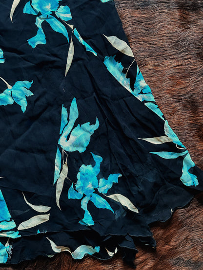 Gonna Vintage in Viscosa Nera con Stampa Floreale Azzurra