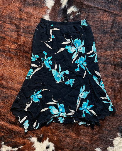 Gonna Vintage in Viscosa Nera con Stampa Floreale Azzurra