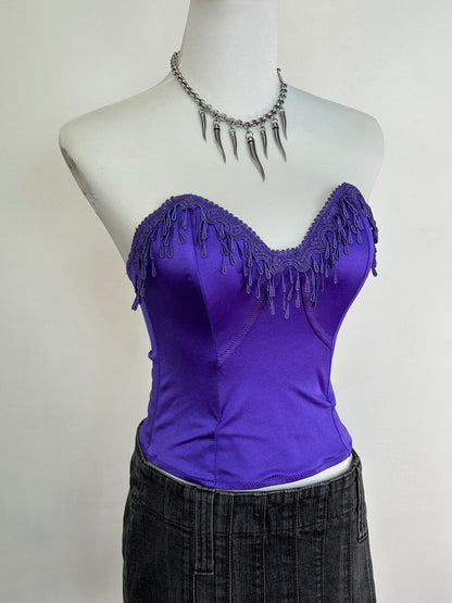 Top bustier vintage elasticizzato viola con ricami a goccia