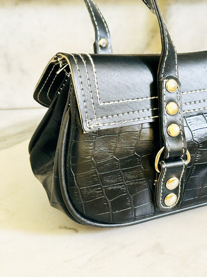 Borsa Baguette Vintage Y2K Nera Effetto Cocco Shoulder Bag