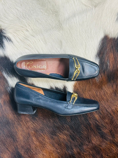 Mocassini Vintage in Pelle Blu con Fibbia Oro | Made in Italy | Tg 36