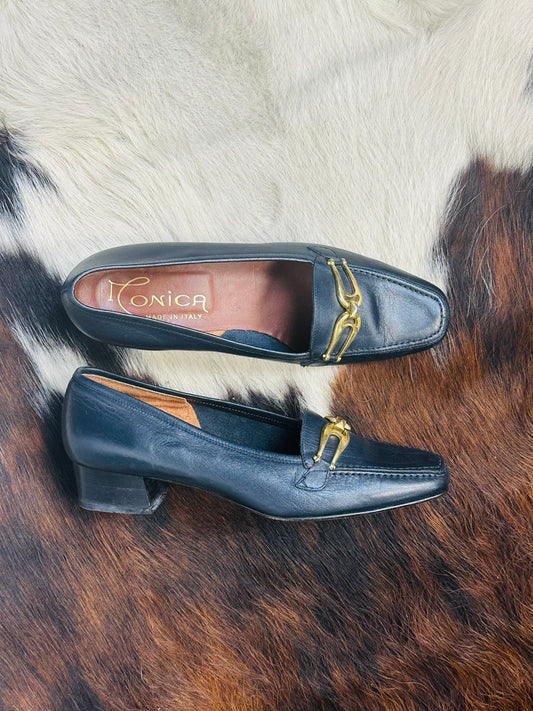 Mocassini Vintage in Pelle Blu con Fibbia Oro | Made in Italy | Tg 36