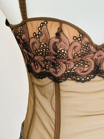 Corsetto Vintage Anni 2000 in Tulle Ricamato e Micromesh Nude
