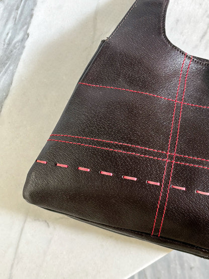 PENNYBLACK - Vintage Y2K Brown Leather Shoulder Bag – Borsa in Pelle Marrone con Cuciture Rosse
