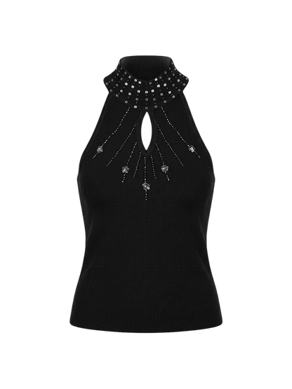 Top halter nero embellished con strass Y2K