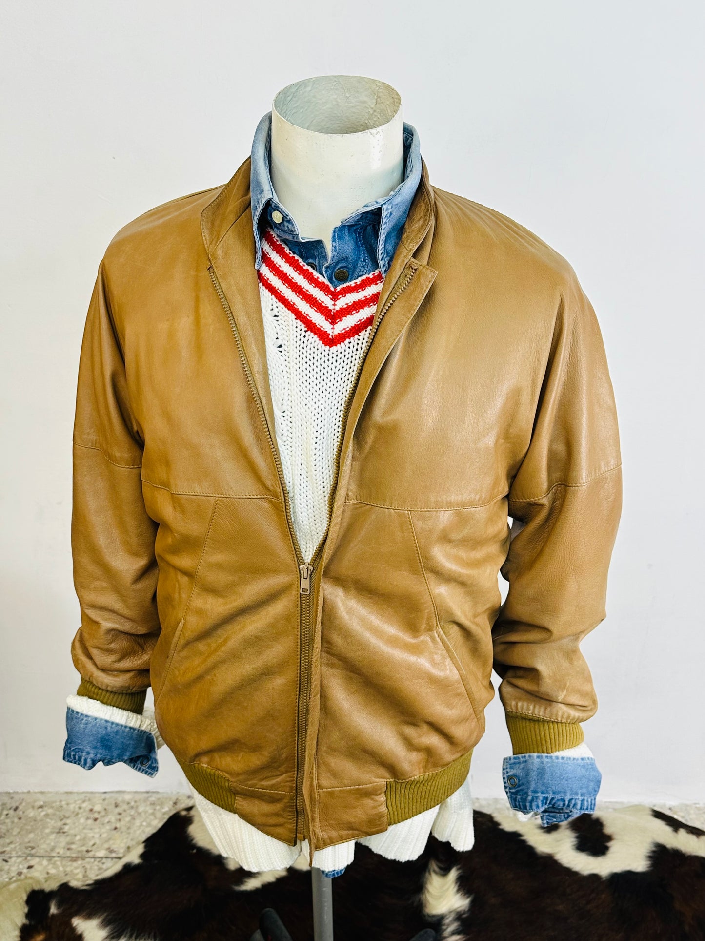 🧥 Giacca vintage in pelle color miele chiaro – Bomber anni ’80