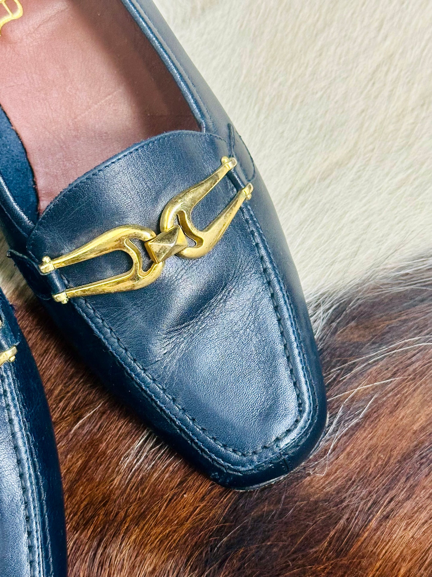 Mocassini Vintage in Pelle Blu con Fibbia Oro | Made in Italy | Tg 36