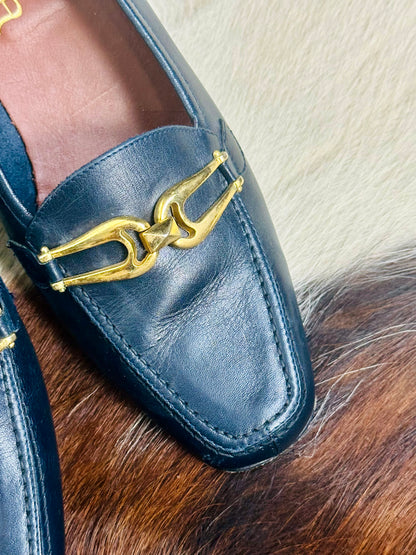 Mocassini Vintage in Pelle Blu con Fibbia Oro | Made in Italy | Tg 36