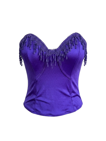 Top bustier vintage elasticizzato viola con ricami a goccia