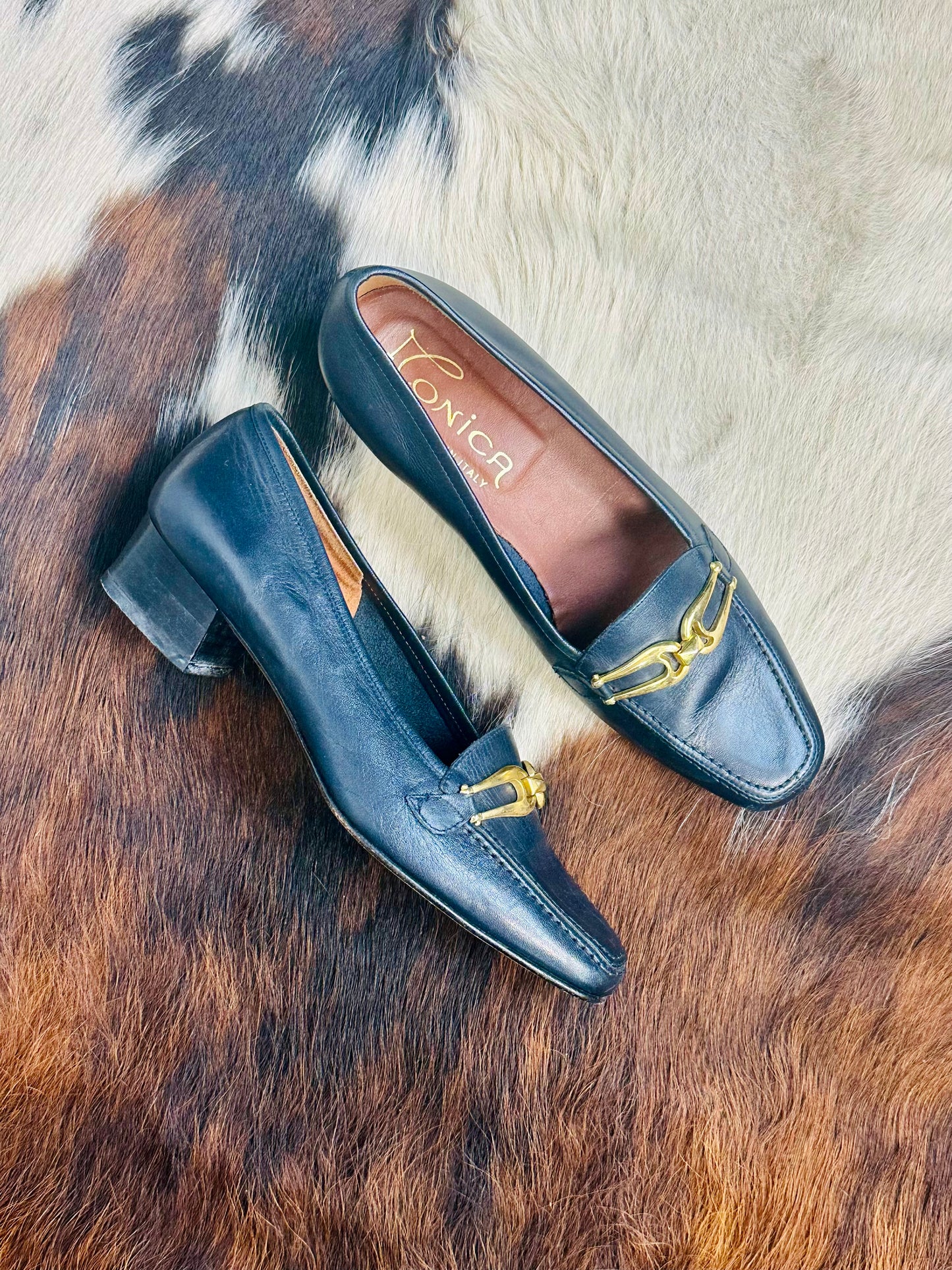 Mocassini Vintage in Pelle Blu con Fibbia Oro | Made in Italy | Tg 36