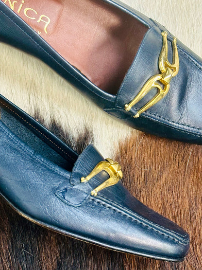 Mocassini Vintage in Pelle Blu con Fibbia Oro | Made in Italy | Tg 36