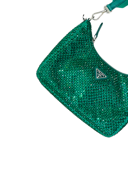 PRADA - Re-Edition 2005 Shoulder Bag – Satin Verde con Cristalli