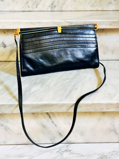 CLUTCH - Borsa Vintage Structured in Pelle Blu Notte con Chiusura Gioiello