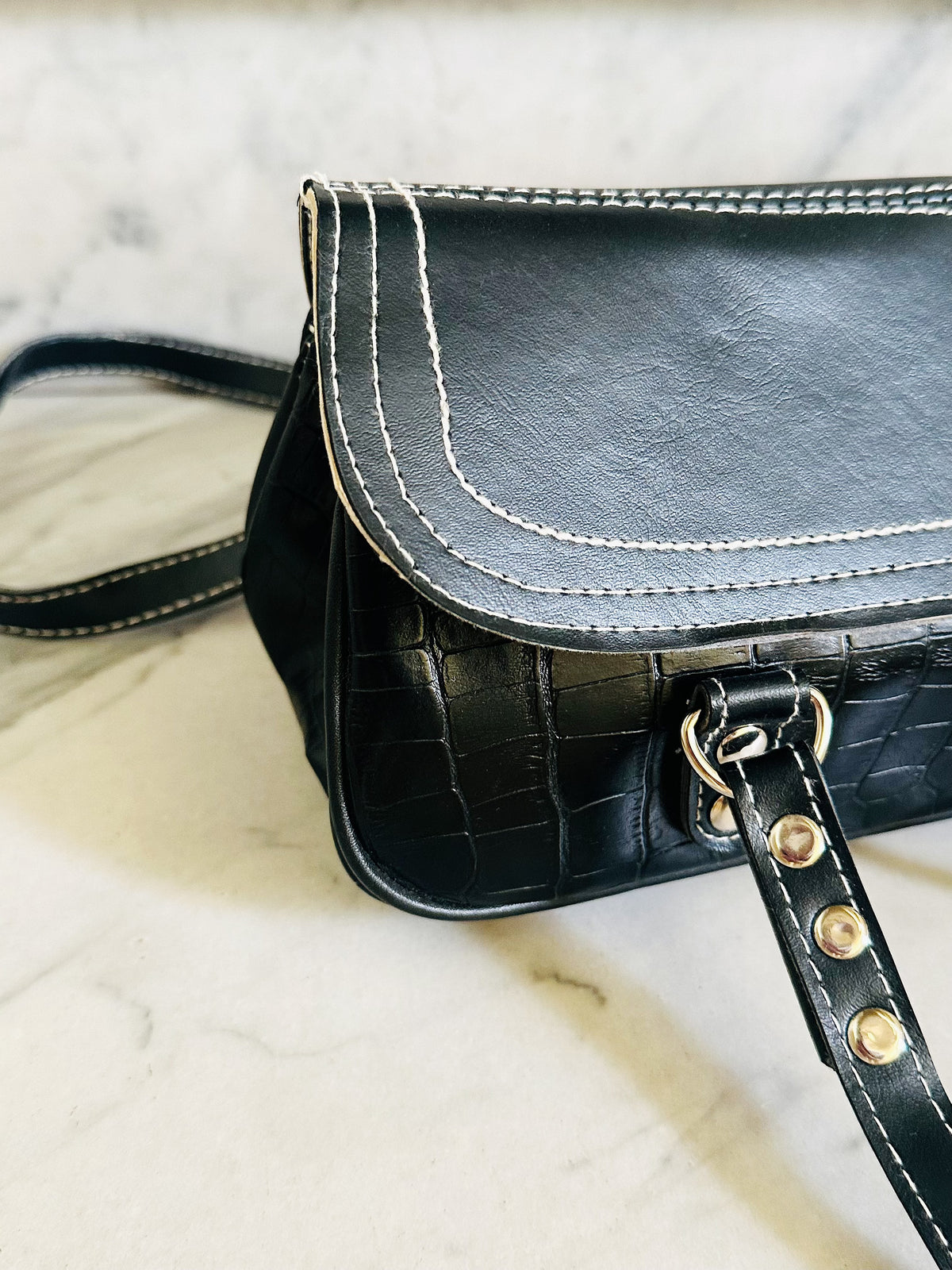 Borsa Baguette Vintage Y2K Nera Effetto Cocco Shoulder Bag