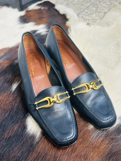 Mocassini Vintage in Pelle Blu con Fibbia Oro | Made in Italy | Tg 36