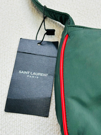 SAINT LAURENT PARIS - Borsa Shoulder in Nylon Verde Racing con profili rossi