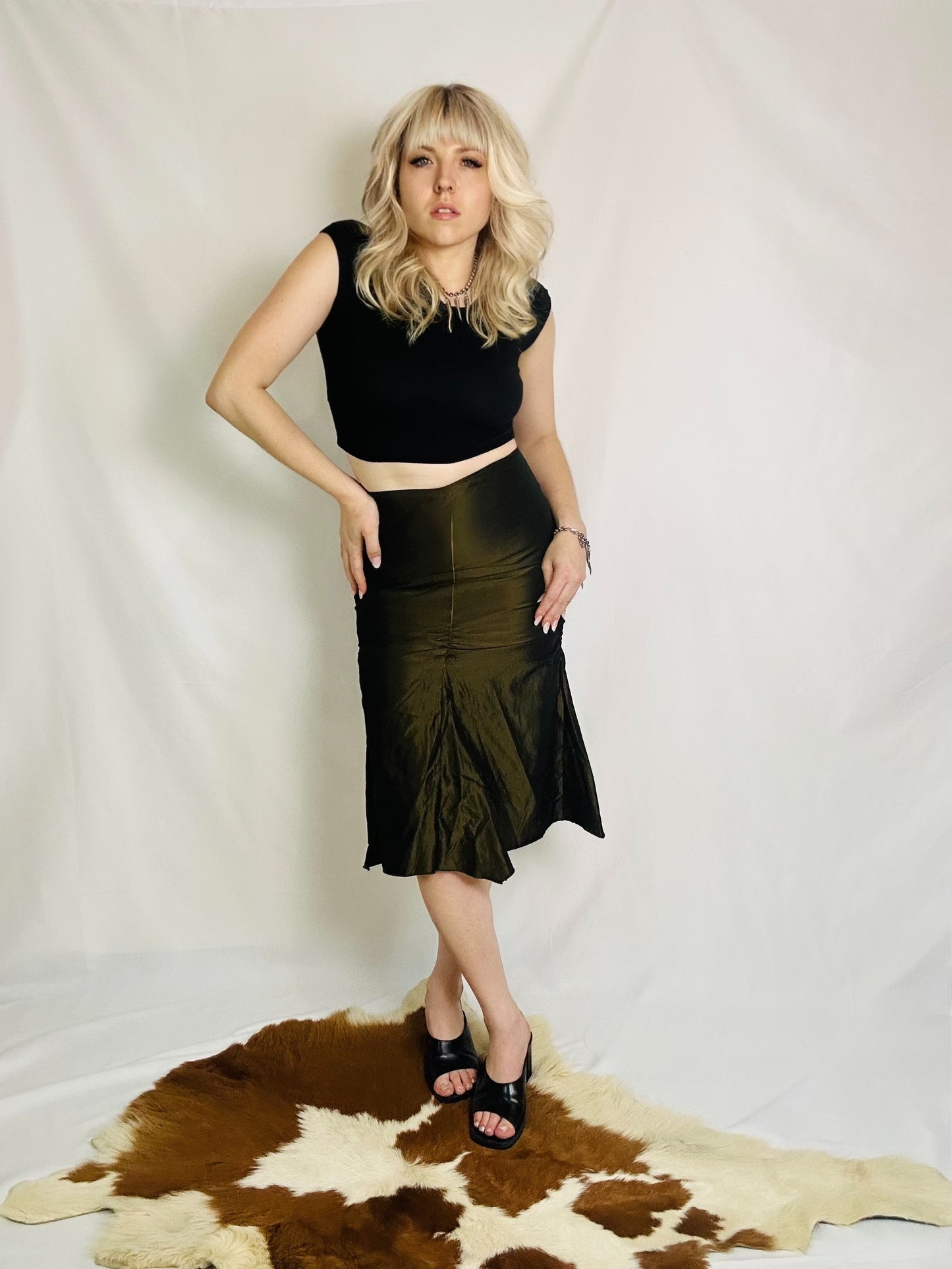 Gonna Vintage Midi Verde Oliva Cangiante con Arricciatura – Made in Italy