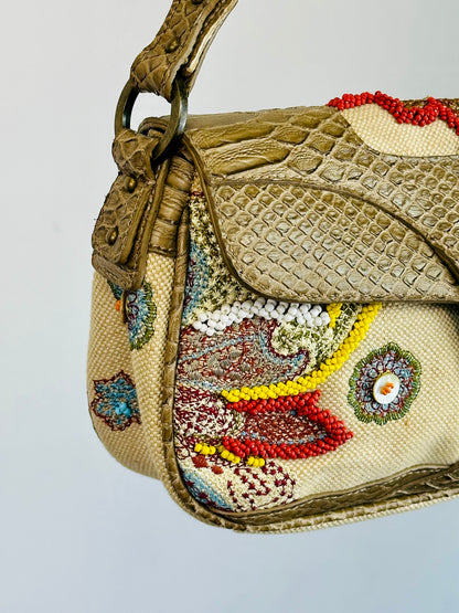 JUST CAVALLI - Borsa hobo-chic Y2K in tessuto ricamato e pelle effetto pitone