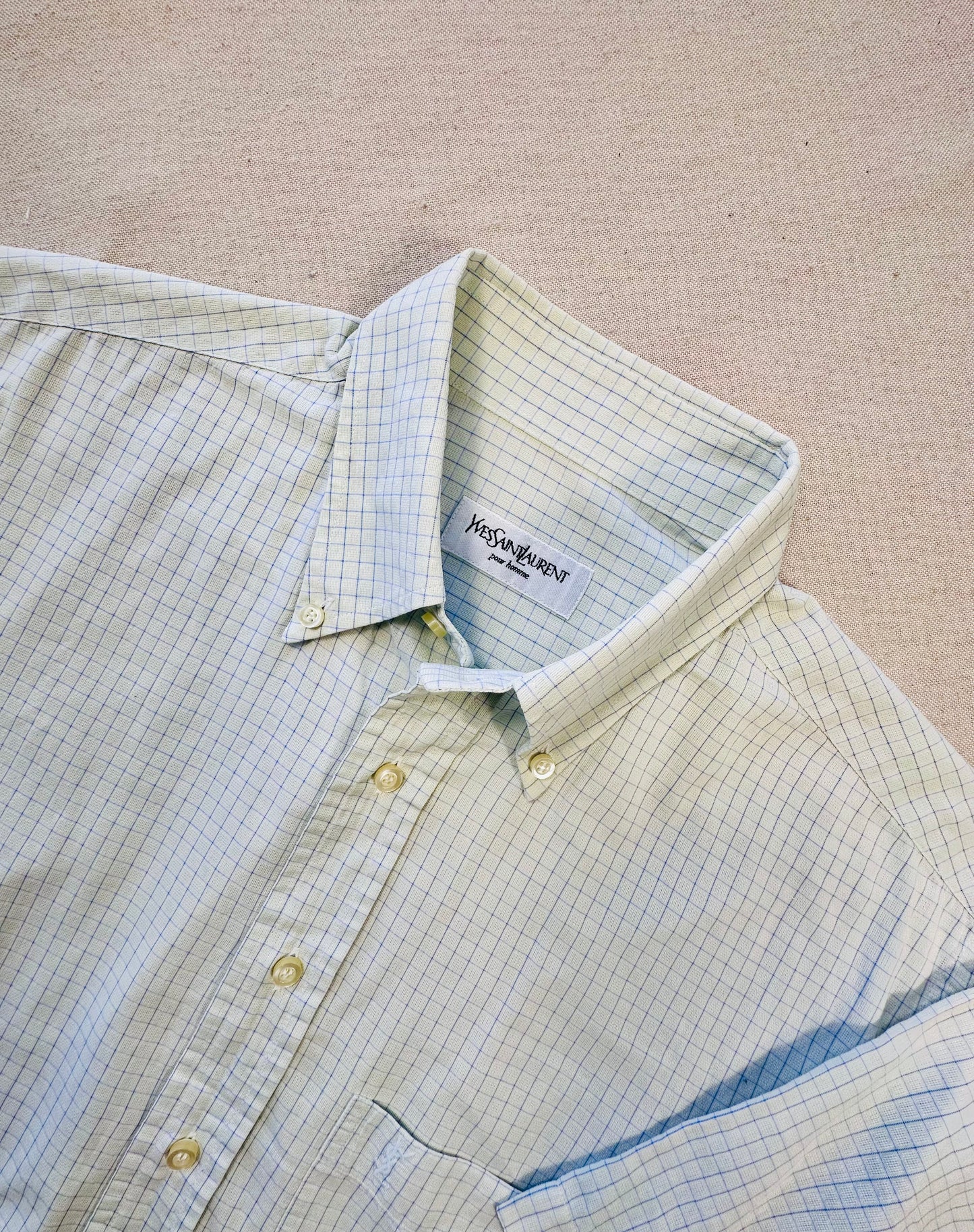 YVES SAINT LAURENT - Camicia panna a quadri con logo ricamato