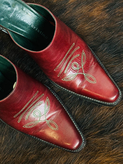 Maria Cristina – Mules Vintage in Pelle Bordeaux con Ricamo Western | Tg 36