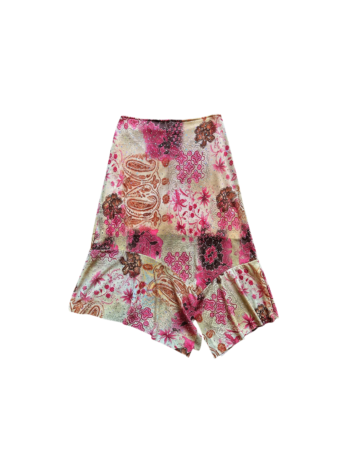 Gonna vintage patchwork con volant asimmetrico e glitter – Rosa & paisley Y2K
