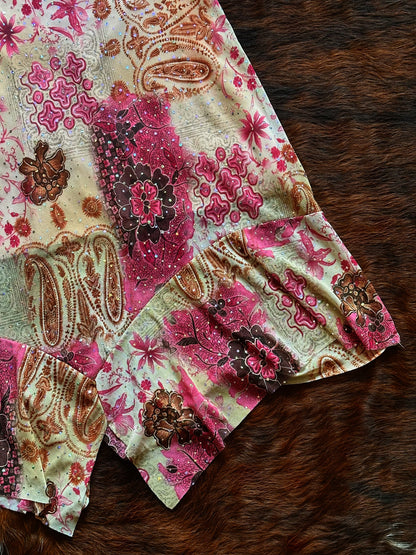 Gonna vintage patchwork con volant asimmetrico e glitter – Rosa & paisley Y2K