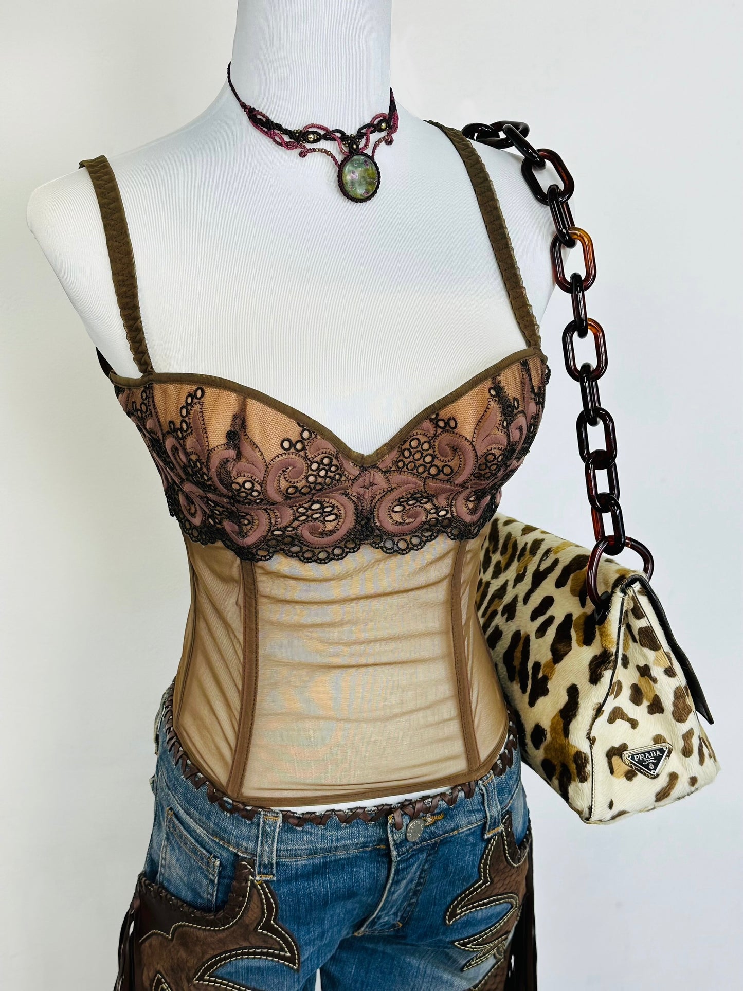 Corsetto Vintage Anni 2000 in Tulle Ricamato e Micromesh Nude