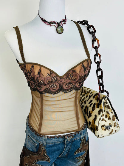 Corsetto Vintage Anni 2000 in Tulle Ricamato e Micromesh Nude
