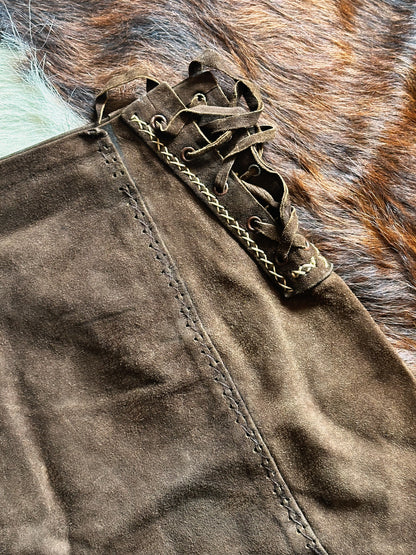 Gonna vintage in pelle scamosciata marrone con lacci laterali