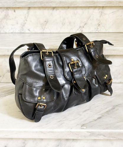 Borsa vintage Y2K in pelle nera con fibbie e tasche – 2000s Buckle Shoulder Bag