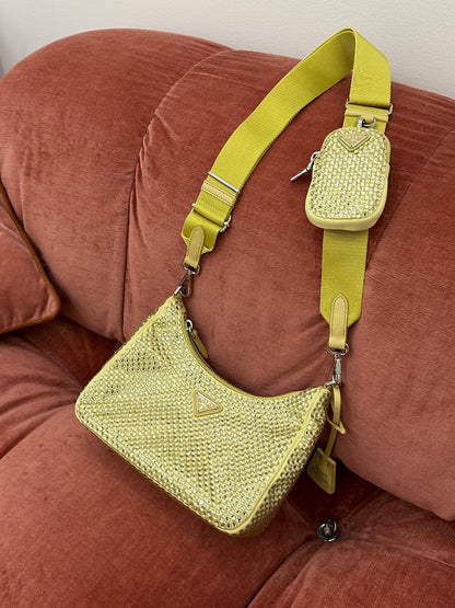 PRADA - Re-Edition 2005 Shoulder Bag – Satin Giallo con Cristalli
