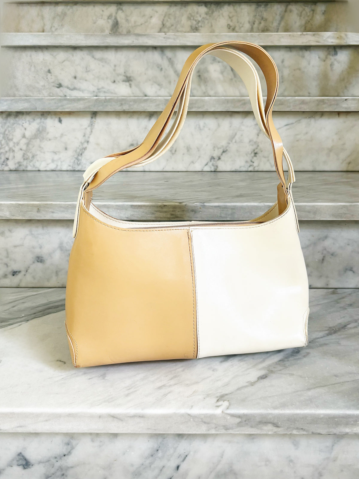 Vintage Two-Tone Leather Hobo Bag – Cream & Caramel