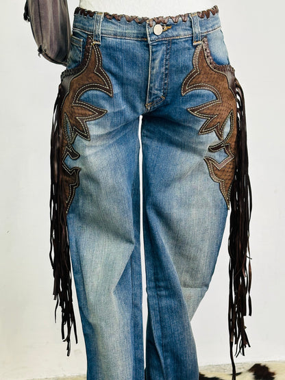 ￼ROBERTO CAVALLI - Jeans Western Revival in Denim e Pelle con Frange