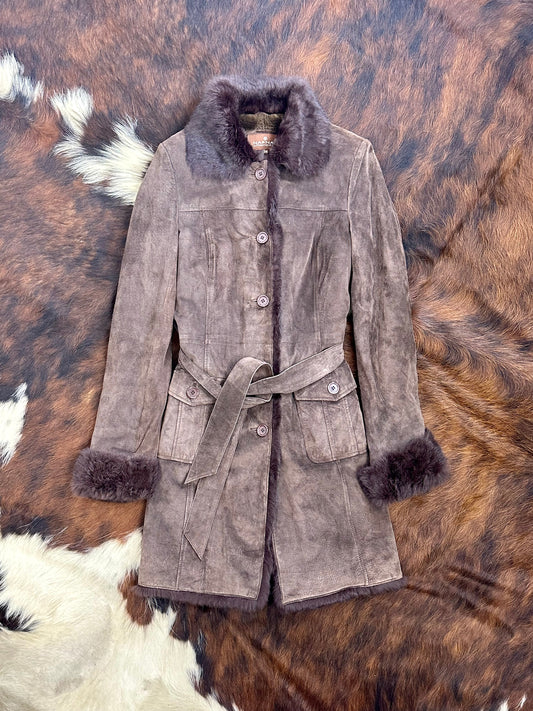 Cappotto lungo pelle scamosciata e pelliccia