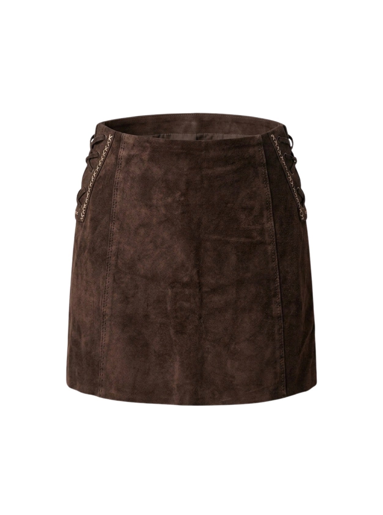 Gonna vintage in pelle scamosciata marrone con lacci laterali