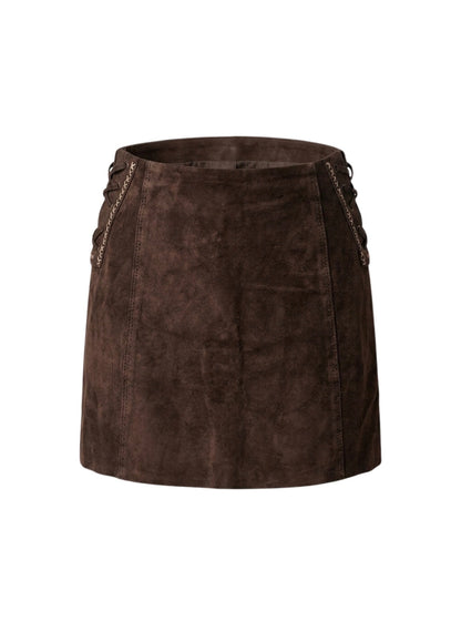 Gonna vintage in pelle scamosciata marrone con lacci laterali