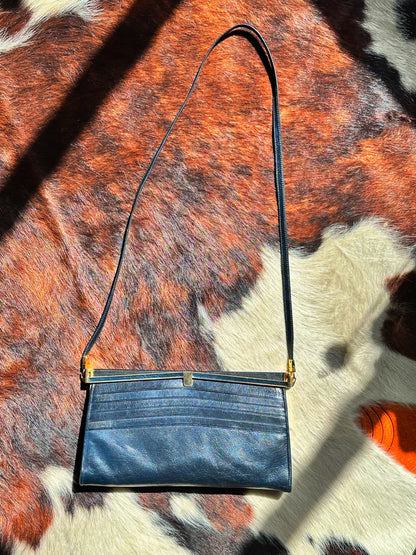 CLUTCH - Borsa Vintage Structured in Pelle Blu Notte con Chiusura Gioiello