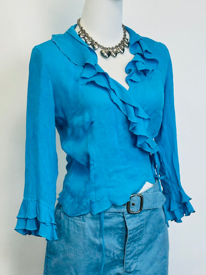 Top vintage in pura seta turchese con volant 🦋