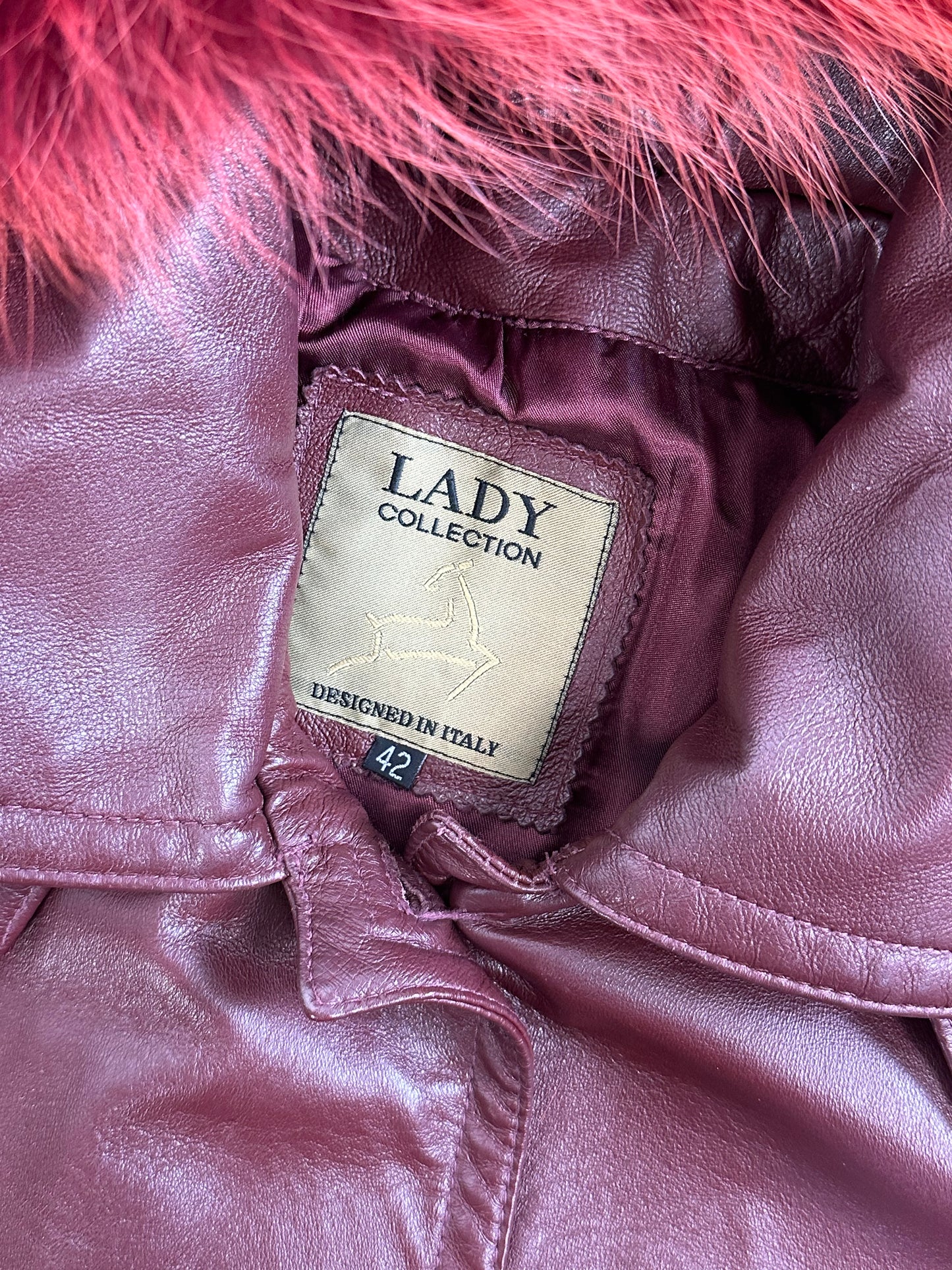 Giacca di pelle Rosso Borgogna con cappuccio e pelliccia