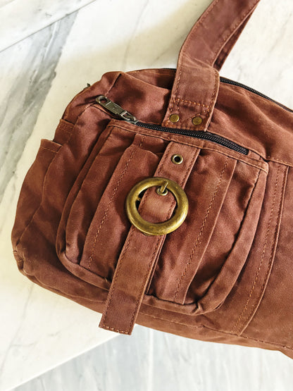 Borsa a spalla in cotone marrone ruggine multipocket – stile Y2K