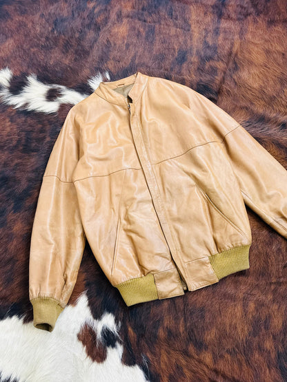 🧥 Giacca vintage in pelle color miele chiaro – Bomber anni ’80