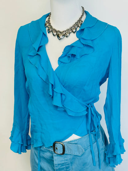 Top vintage in pura seta turchese con volant 🦋