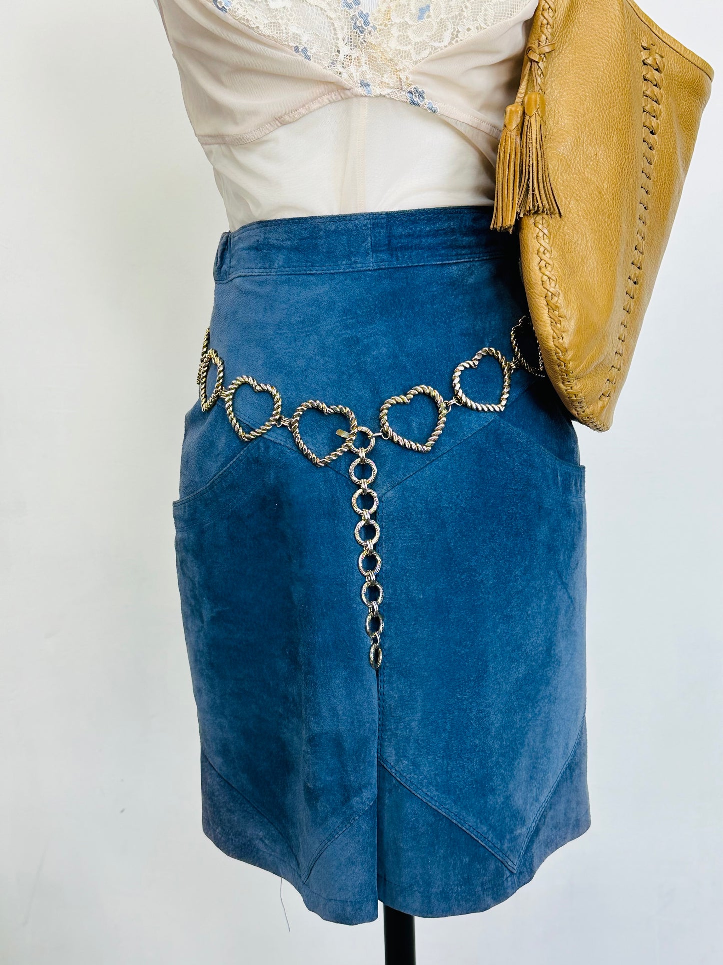 Gonna vintage in vera pelle scamosciata blu