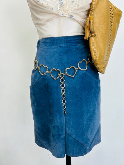 Gonna vintage in vera pelle scamosciata blu