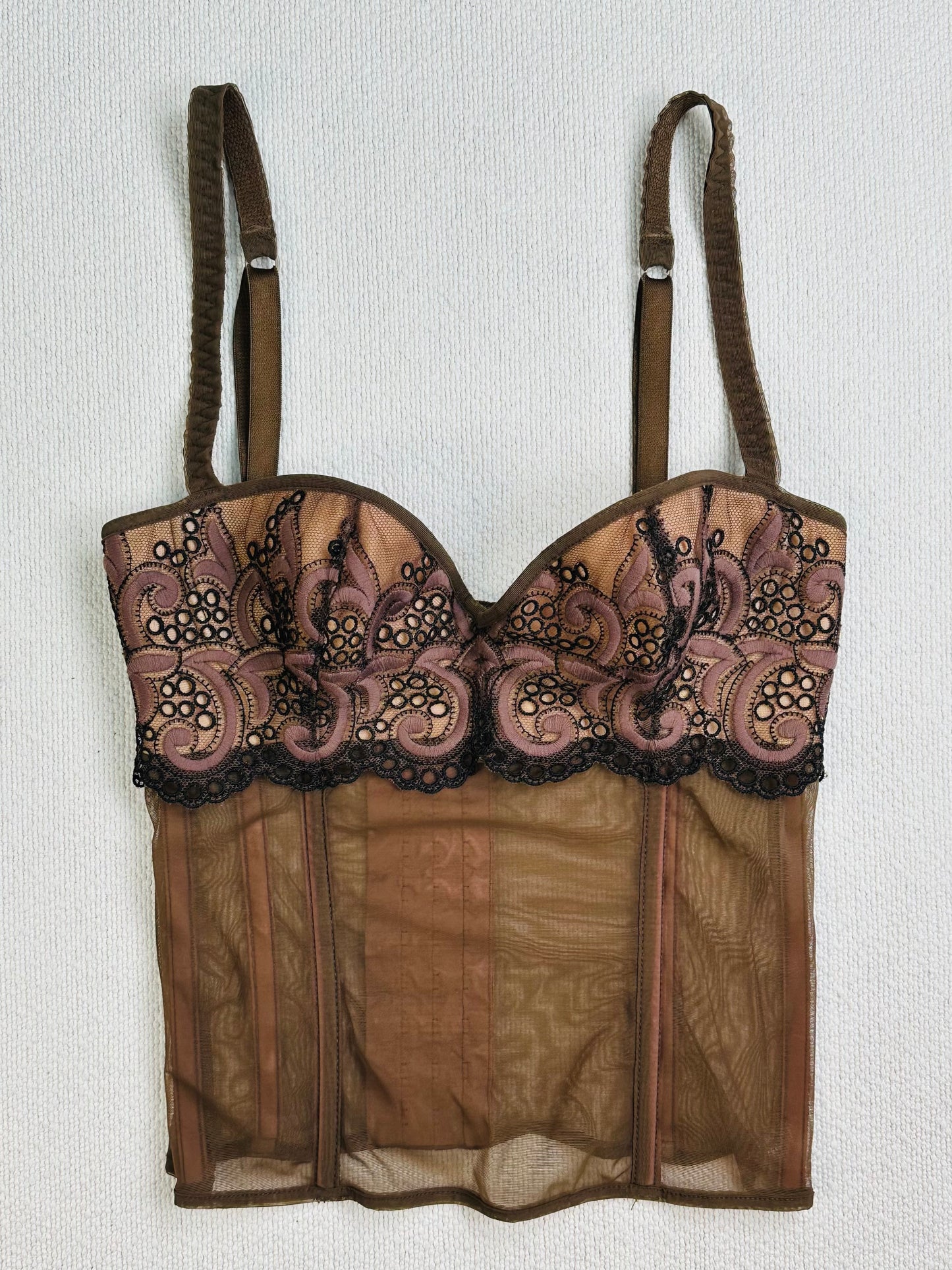 Corsetto Vintage Anni 2000 in Tulle Ricamato e Micromesh Nude