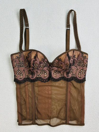 Corsetto Vintage Anni 2000 in Tulle Ricamato e Micromesh Nude
