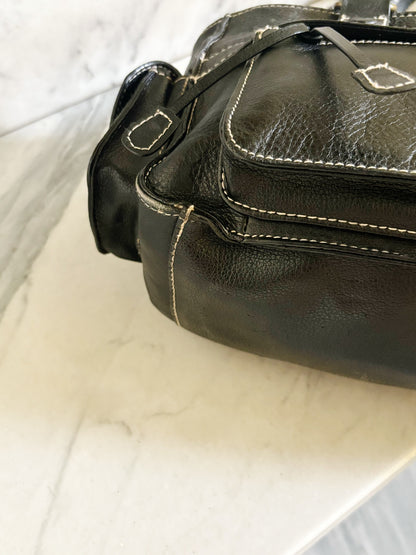 Borsa vintage Y2K in pelle marrone testa di moro multi-pocket con cuciture a contrasto