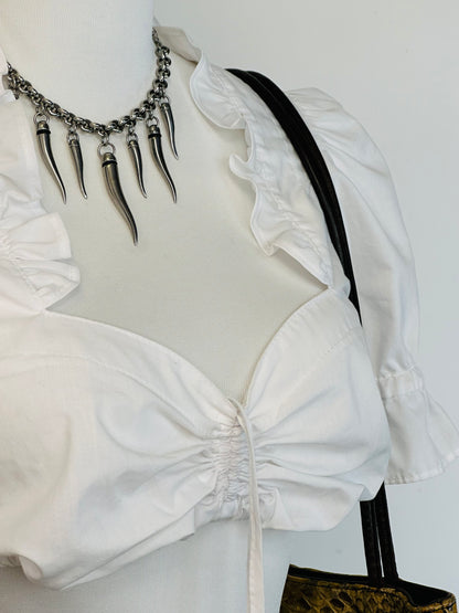 Crop Top Bianco con Maniche a Sbuffo e Coulisse