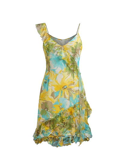 Abito in seta floreale con ruches asimmetriche – Y2K romantic mood